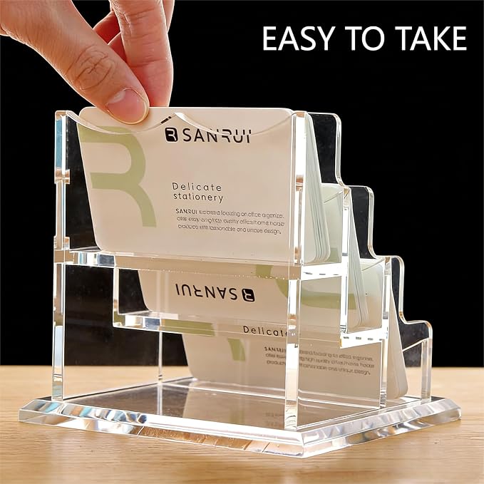 YUXUN Business Card Holder Display for Desk, Clear Acrylic Cards Organizer 3 Tier 3 Slots, Business Card Stand for Women Men, Multiple Business Card Display for Exhibition, Home, Office