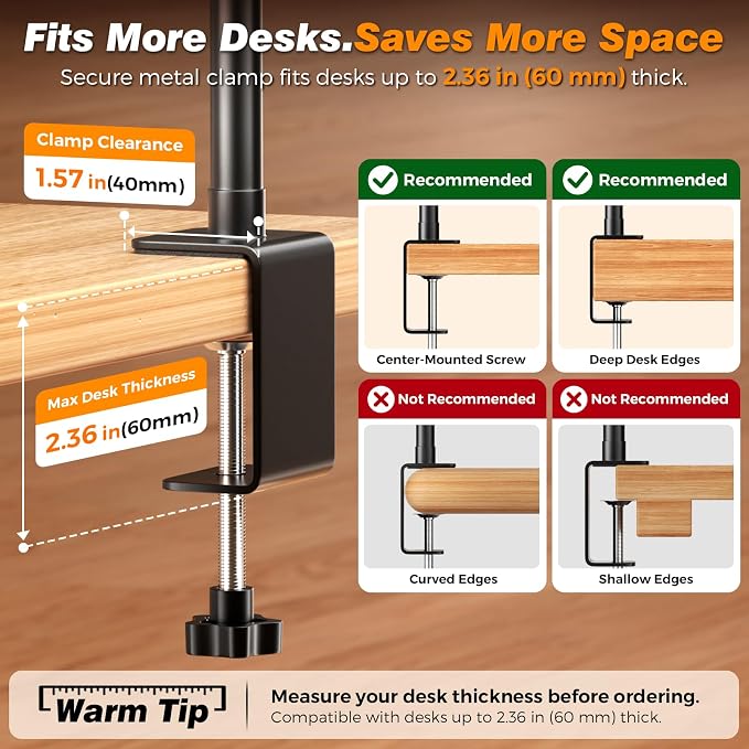 Airlonv LED Desk Lamp with Clamp, 17" Stepless Dimming Light, Black | 2700K-6500K, 100 LEDs, 360° Gooseneck, Fits Up to 30" Monitors, Flicker-Free Lighting for Home Office, Study& Workbench