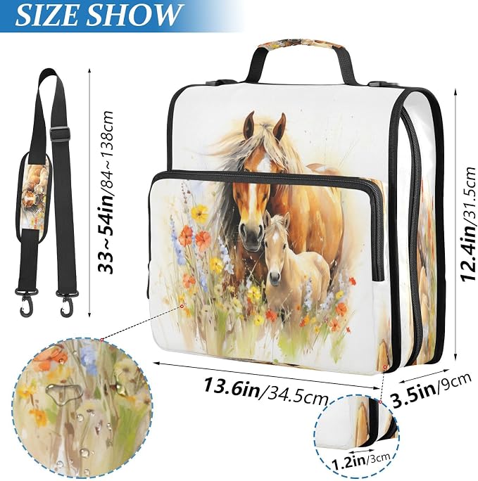 ALAZA Zipper Binder 3 Ring Horse Animal with Flowers Binder Organizer with Zipper and Shoulder Strap Large Capacity Multi-Pocket Trapper Keeper File Folder for Office Supplies