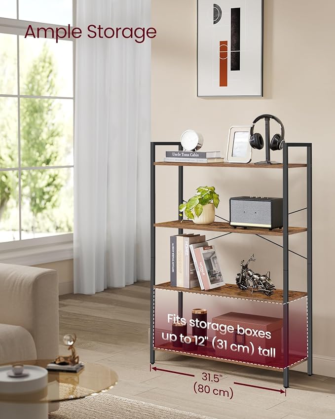 VASAGLE 4-Tier Tall Bookshelf, Large Bookcase with Steel Frame, Deep Book Shelf for Living Room, Home Office, Study, 11.8 x 31.5 x 47 Inches, Industrial Style, Honey Brown and Black ULLS140K01