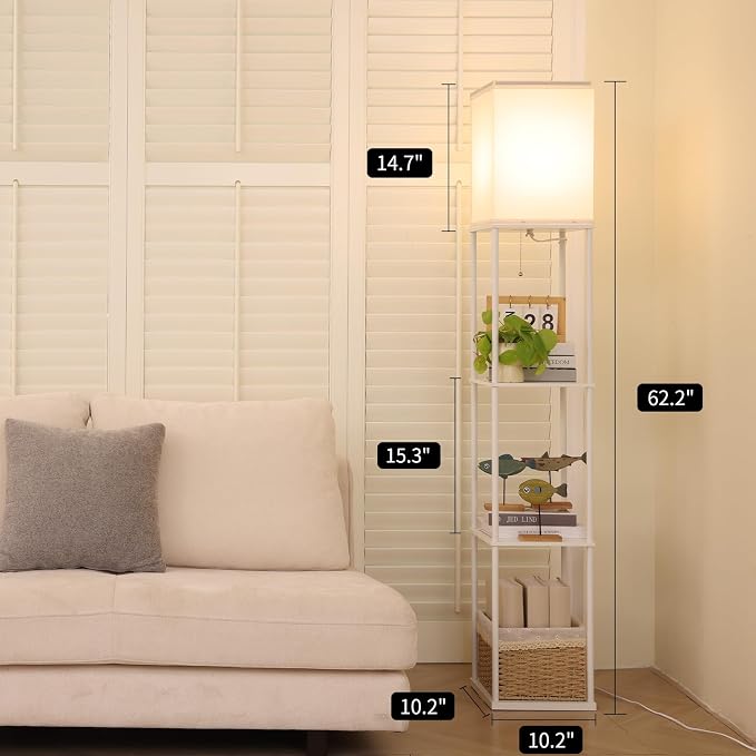 Gupuzm Floor Lamp with Shelves, with Modern Square Standing Lamp with Smart APP Control RGB Bulb, Corner Display Bookshelf Lamp for Living Room, Bedroom and Office (White-9RGB)