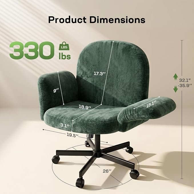 Marsail Criss Cross Office Chair with Adjustable Armrests & Wheels, Vanity Chair with Wide Cushion, Reclining Back, Soft Chenille Fabric, Desk Chair for Home Office, Makeup Room, Bedroom, Green