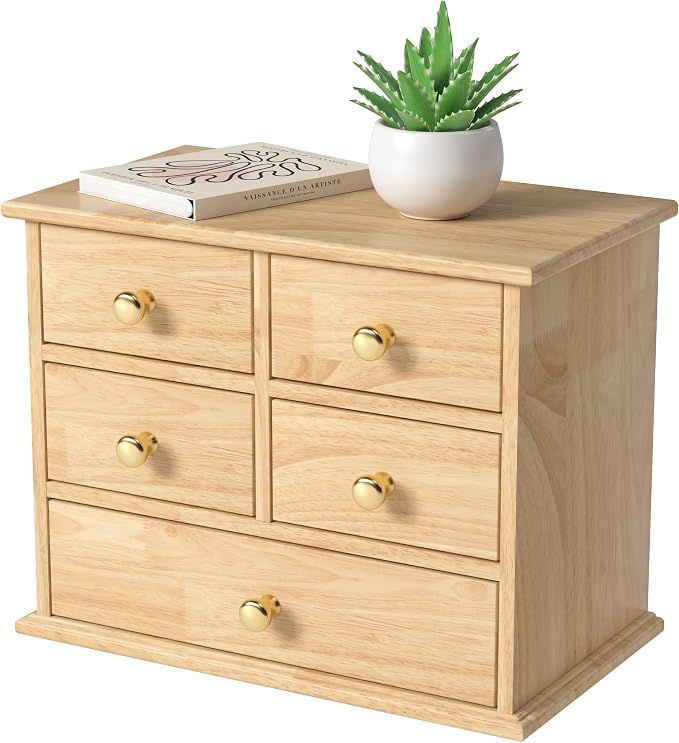Oak Desk Organizer with Drawers, Durable Wooden Desktop Storage Box | 5 Drawer Tabletop Organizer with Metal Handles & Non-Slip Pads for Office, Bedroom, Bathroom, Vanity, Makeup Storage, Natural