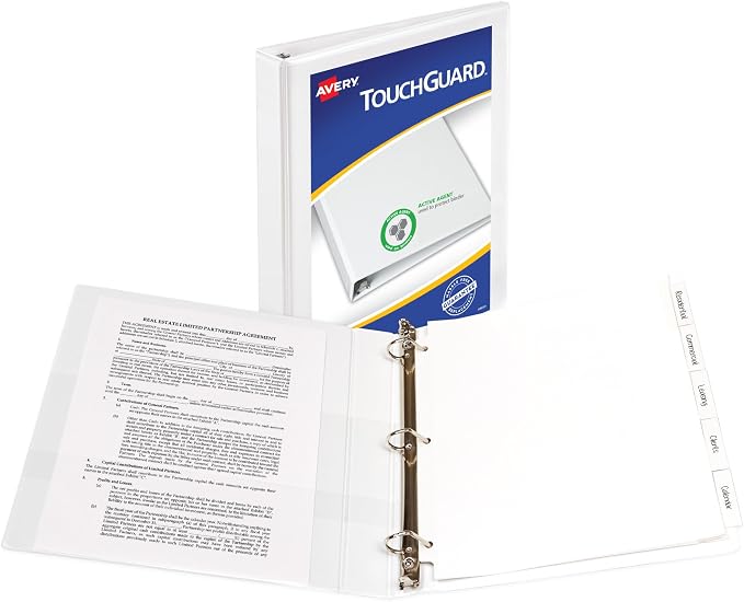 Avery® TouchGuard 3 Ring Binder, 1" Slant Rings, 1 White Binder | For Daily School, Home and Office Use, TouchGuard Active Agent Guards Against Unclean Surfaces, Household-Cleaner Safe