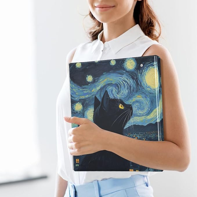 Starry Night Art Black Cat Binder 3 Ring 1.5 Inch Binder with Clipboard&Pockets, Hardcover Binders Heavy Duty Large File Folder for Office School Supplies - Holds 200 Sheets, 2 PC