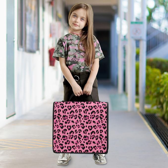 Hot Pink Black Leopard Print 3 Ring Binder Bag 1.5 inch Binder Organizer with Zipper Shoulder Strap 500 Sheet Documents Storage for School Office