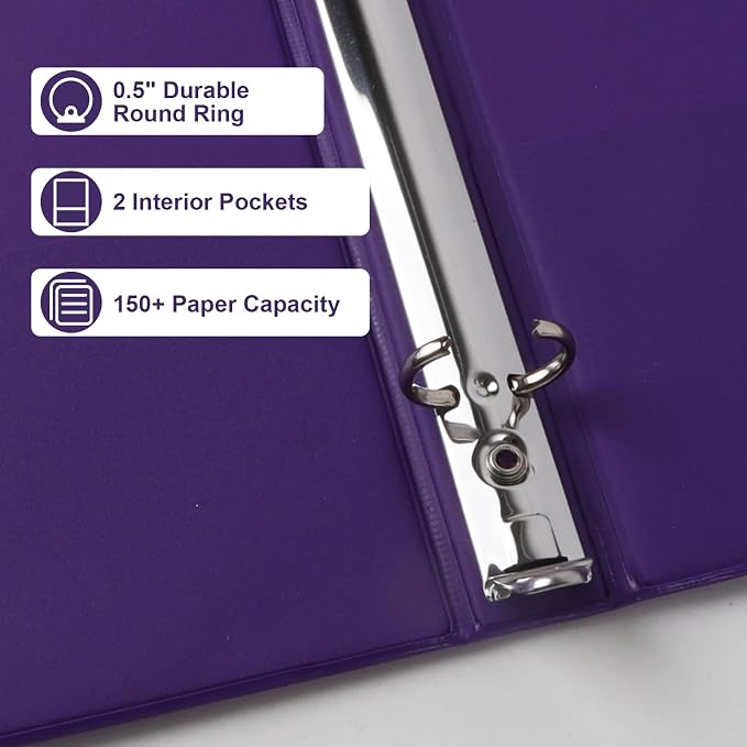 CIXILDTS 0.5-inch Round Ring Binder, Durable 1/2" 3 Ring Binder Fit Letter Size Paper, Purple, 6-Pack