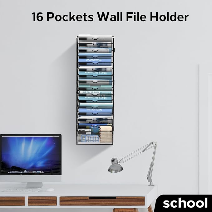 16-Tier Wall File Organizer and Hanging File Organizer, Black | Wall Organizer and Wall Mounted File Holder with 16 Pockets and Label Panels for Files, Mail, Folders, Magazines and Paper