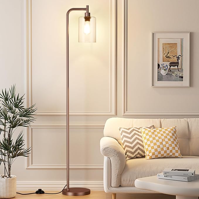 Ziisee Floor Lamps for Living Room - Industrial Standing Lamp with Glass Shade, Modern Floor Lamp with LED Bulbs, Farmhouse Floor Lamp for Bedroom, Tall Lamp for Office - Brown