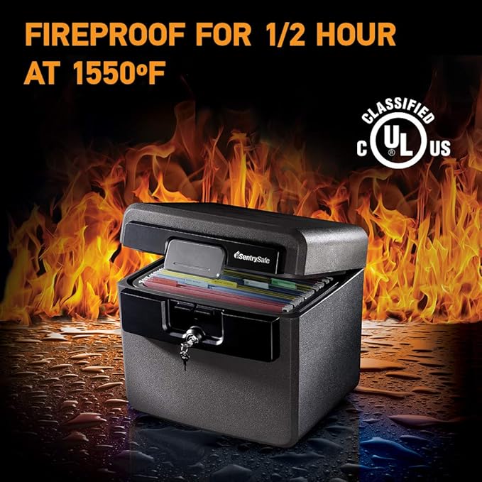 SentrySafe Black Fireproof and Waterproof Safe, File Folder and Document Box with Key Lock, 14.3 x 15.5 x 13.5 inches, HD4100 | UL Classified Fire and Water Resistant 0.65 Cu Ft File Box, Key Lock Protection, Organizes Hanging Folders, Documents