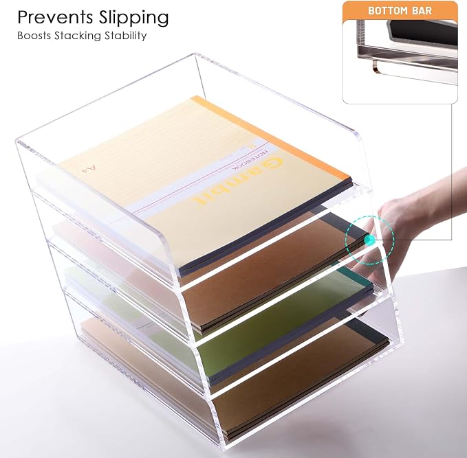 Acrylic Paper Organizer Letter Tray, Stackable Desk Organizer, 4-Tier | Desk Organizers and Accessories, Vertical File Tray, Workspace Office Supplies Organizer for Office Classroom Home, Clear