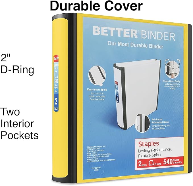 Staples Better Binder, 2 Inch 3-Ring, Yellow, Heavy-Duty | Reinforced binder built for school and office document organization.