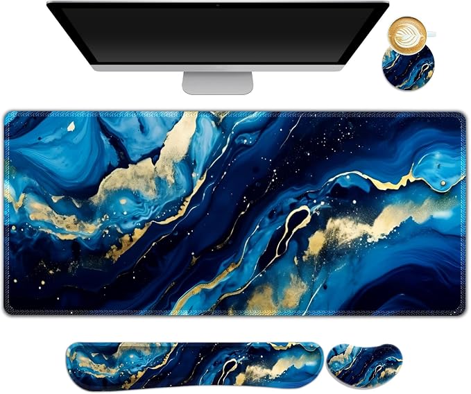 Desk Mat Pad, Gaming Mouse Pad Wrist Support Set, 4 in1 Non-Slip XXL Large Mousepad + Ergonomic Keyboard Wrist Rest+Mouse Wrist Rest+Coaster for Home Office Computer I Blue Gold Marble