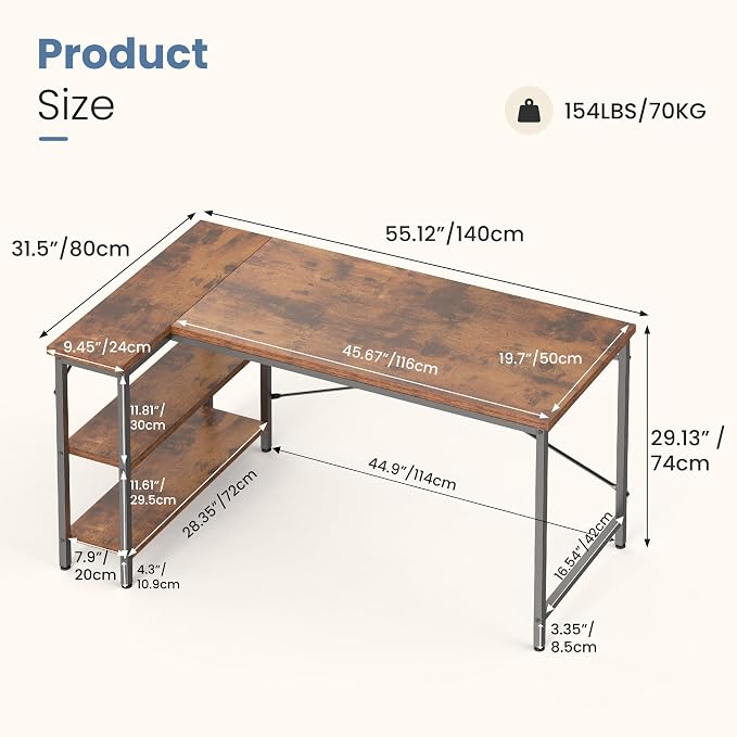 DUMOS 55" L Shaped Computer Desk, Gaming Corner Desks with Storage Shelves | Home Office Working Desk, Writing Study PC Desk with Reversible Layout, Bedroom Dorm, Rustic Brown