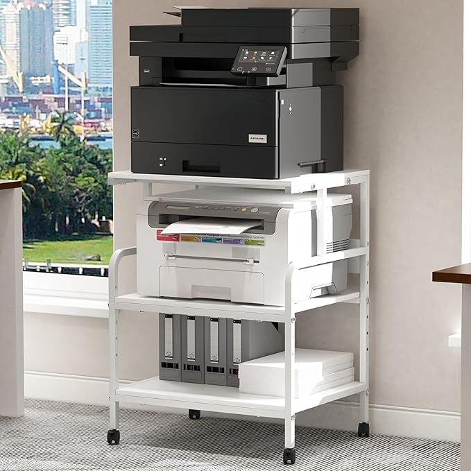 Arbuxzuy Large Printer Stand with Storage Shelf, 23.6" W x 18.9" D Printer Cart with Wheels, 3 Tier Mobile Printer Table for Home Office,Stands for Heat Press Scanner Fax (White)