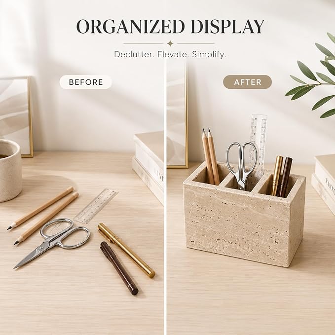 Travertine Desk Organizer, 3 Compartment Pencil Holder | for Pens, Makeup Brushes, Office Supplies and Bathroom Counter Decor, 5.91 x 3.94 x 3.94 in