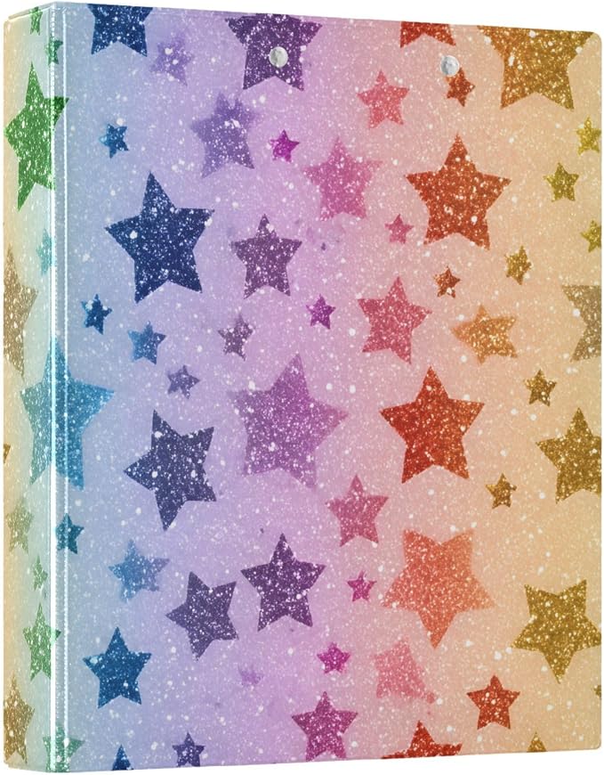 Rainbow Star Glitter Pattern 3 Ring Binder with 2 Interior Pockets 1.5 inch Binders 3 Ring Heavy Duty Fit 8.5" x 11" Letter Size for Office School, 2 Pack