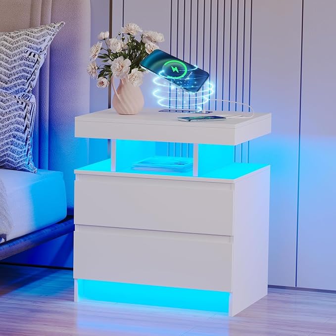 dnbss LED Nightstand with Charging Station, Smart Bedside Table, White | Modern Night Stand, Floating Desktop, 2 Drawers, 1 Compartment, Human Body Sensor, for Bedroom Living Room Office Storage