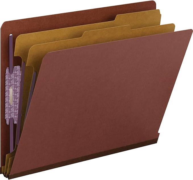 Smead 100% Recycled End Tab Pressboard Classification File Folder with SafeSHIELD Fasteners, 2 Dividers, 2" Expansion, Letter Size, Red, 10 per Box (26860)