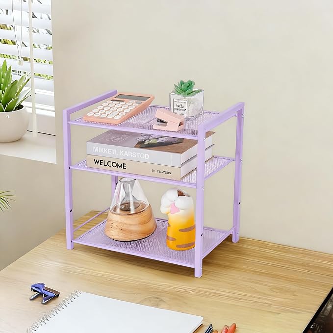 Desktop Shelf Organizer, 3-Tier Desk Organizer, Adjustable Metal Bookshelf for Top of Desk, Office Storage Rack for Office, Home, Dorm and Small Spaces (Purple)
