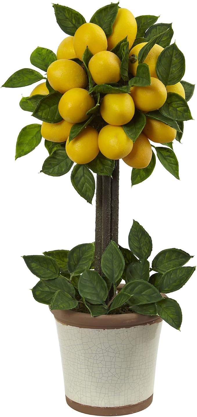 Nearly Natural Lemon Ball Topiary Arrangement, 19.5'' x 8.5'' x 8.75'' | Vibrant Citrus Fruits on a Stout Trunk, Elegant Decorative Pot Included, Maintenance-Free Accent for Home or Office Spaces