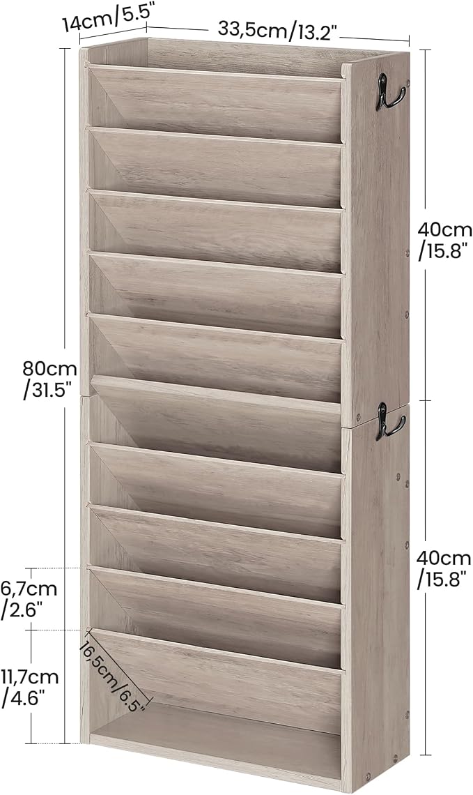 Wall File Organizer, 10-Tier Hanging Mail Organizer, Wall Mount File Holder with 4 Side Hooks, Industrial Mail and Storage Organizer, Wooden Vertical Hanging Holder for Office, Greige MWJ03FH