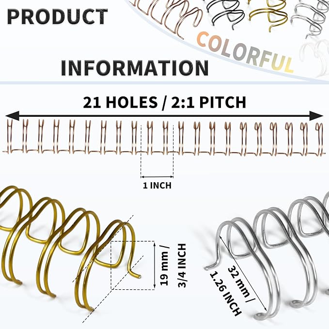 RAYSON 2:1 Pitch Wire Binding Spines, 21 Loop, 3/4", Multicolor, 50 Pack | 2:1 Pitch Double Loop Wire | Letter Size | Pack of 50 with Black, White, Rose Gold, Silver, Golden Multicolor