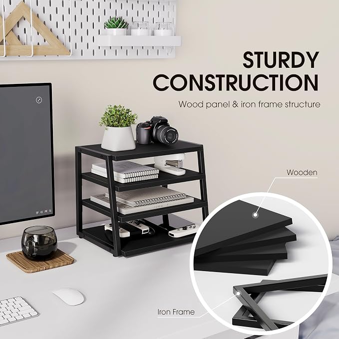 Fenge Desk Shelf Organizer, 4-Tier Tower Desktop Office Shelves, Black | Wood and Metal Open Shelf, Corner File Organizer for Office Supplies, Top of Desk Organizers and Accessories