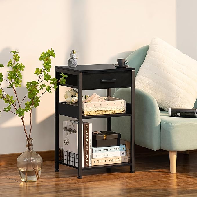 Lerliuo 3-Tier Printer Stand with Fabric Drawer and Shelves, Pure Black | Three-tier printer stand with fabric drawer and two shelves for paper, office supplies, scanners and fax machines