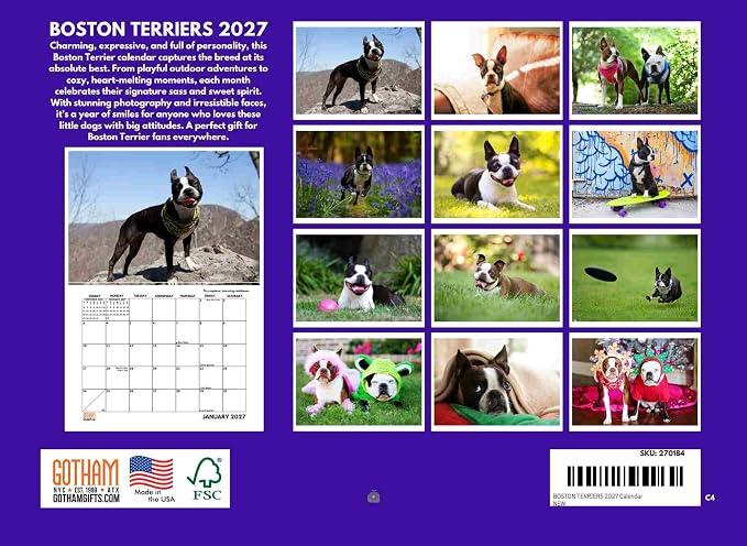 Boston Terrier Calendar 2027 Monthly Wall Calender 12 Month
