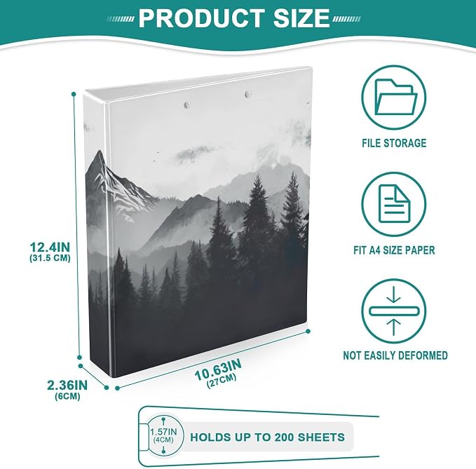 3 Ring Binder, Nature Mountains and Forest Clipboard Binder with 2 Pockets, 1.5 Inch Three Ring Binder Heavy Duty Round Ring Binders for Office Supplies#405