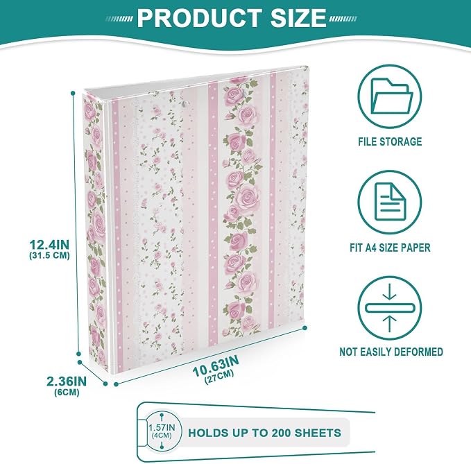 Pink and White Striped Rose Floral Binder 1.5 Inch Binder with Clipboard&Pockets, Hardcover Binders 3 Ring, Heavy Duty Large File Folder for Office School Supplies - Holds 200 Sheets