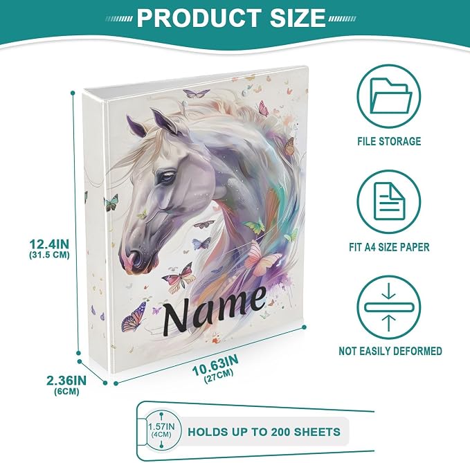 Custom 3 Ring Binder White Horse Butterflies 1.5" Round Ring Binders Personalized Name View Binder with 200 Sheet for Kids School Supplies Women Men Office, 1 Pack