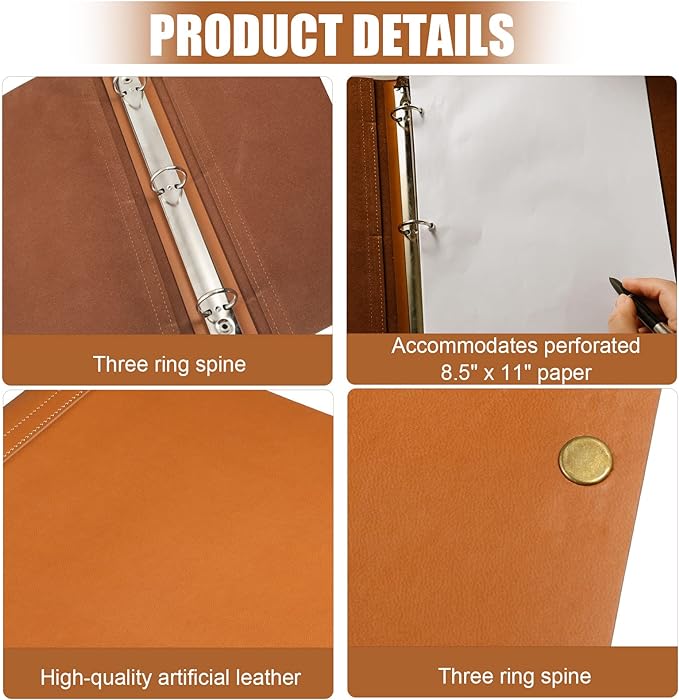 Teling 1 Pcs Leather 3 Ring Binder Holds 8.5 x 11 Inch Paper Binder Organizer Vintage Faux Leather Portfolio Folder Planner for Office Home Document Photo Diary Supplies (Antique Brown)