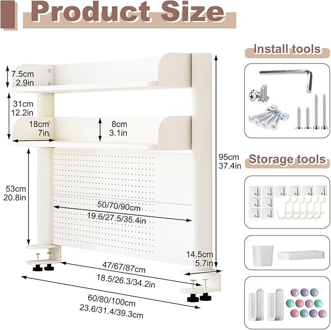 Clamp On Desk Organizer Shelf,Desk Extender Pegboard,White,23.6in | Computer Desk Accessories for Office,Desktop Bookshelf Storage Shelves for Desk, Desktop Shelving System