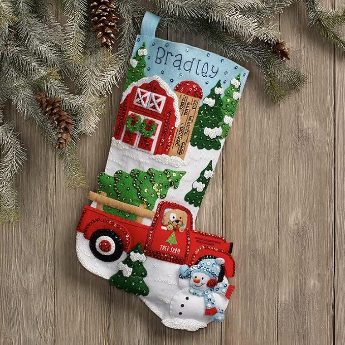 Bucilla Felt Applique 18" Stocking Making Kit, Christmas at The Farm, Perfect for DIY Arts and Crafts, 89534E