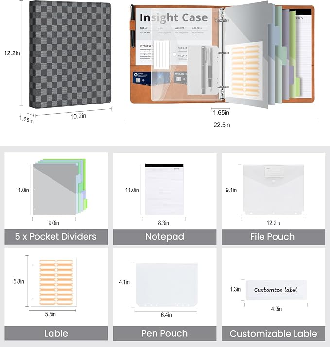 Grid Leather 3 Ring Binder 1 Inch, with Clipboard Notepad&5 Dividers with Pockets, Labels,PU Clipboards for School Office(Black,Letter Size)