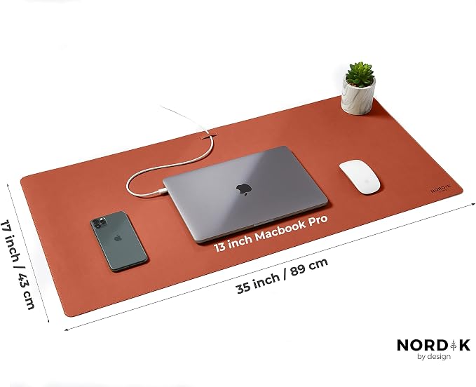 Nordik Leather Desk Mat - Cork Whiskey Brown - Leather Desk Pad (35x17 in) | Premium Vegan Leather Desk Pad with Cable Organizer, Giftable, Extended Waterproof Mouse Mat, Non-Slip Desk Pad Protector