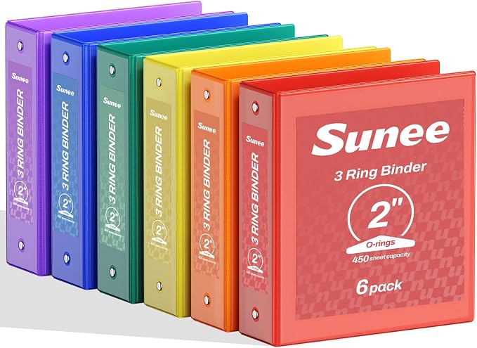 SUNEE 2 Inch Binders 3 Ring 6 Pack, Clear View Three Ring 2" Binders PVC-Free (Fit 8.5x11 Inches) for School or Office Supplies, Classic 6 Colors