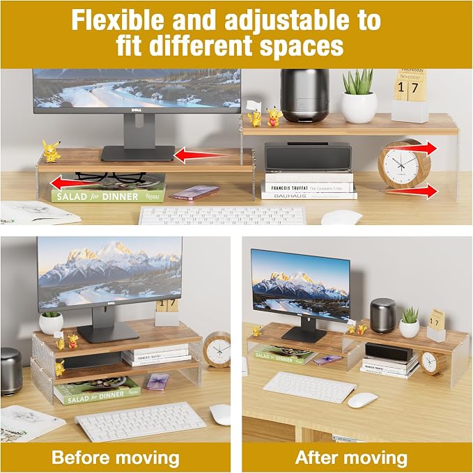 YGYQZ Adjustable Monitor Stand Riser, 7.67"×19.3" Dual Monitor Desk Stand | Adjustable Monitor Riser, Expandable Desk Organizer, 2-Tier Storage, Acrylic Legs, Ergonomic Workspace, Wood Glacial Striae