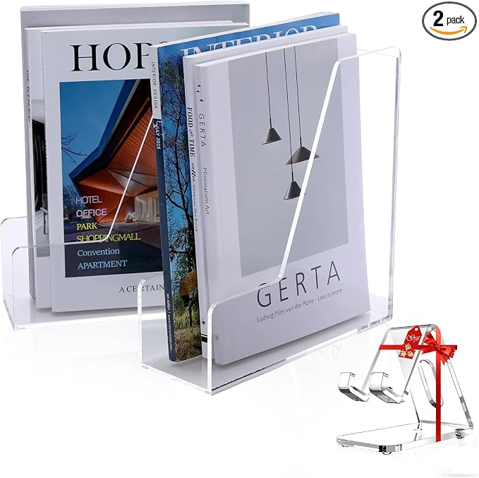 2-Pack Clear Acrylic Magazine File Holder, Vertical File Folder Holder, Acrylic Desk Organizer, Magazine Holder, Bookshelf Desk Office, Folder Organizer Document Rack + Phone Holder
