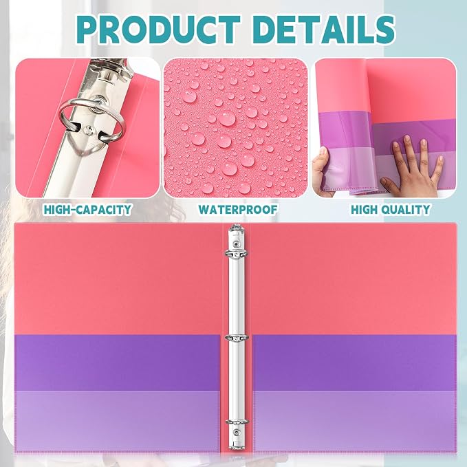 Henoyso 4 Pack Two-Tone Durable 3 Ring Binders 1/2 Inch, 4 Inner Pockets, Colored Plastic Flexible Binders with Large Capacity for School & Office