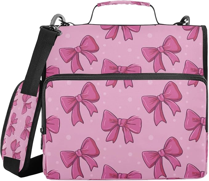 Cute Pink Bows Zipper Binder for School with Shoulder Strap & Extra Pockets - 1.5 Inch 3-Ring Binder Holds 500+ Sheets, Textbooks, Laptop