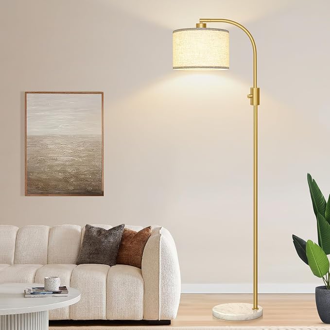 Nintiue Upgraded Modern Arc Dimmable Tall Standing Floor Lamp with Marble Base & Linen Shade, 1200 Lumens LED Bulb Included, for Living & Reading Room, Bedroom, Office & Nursery, Gold