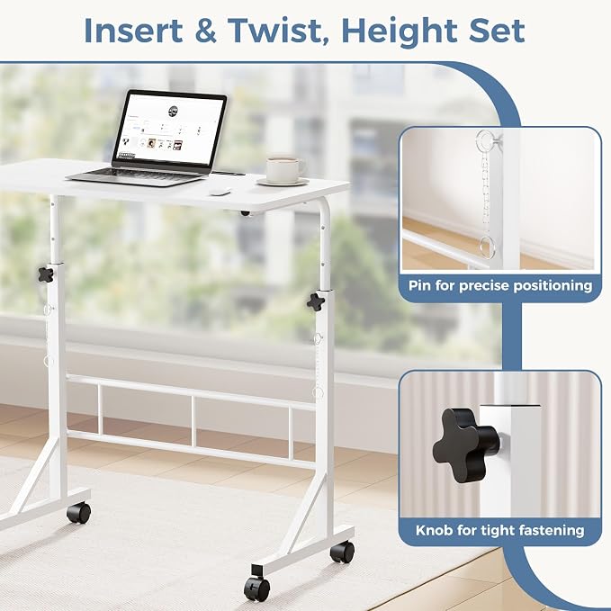 DUMOS 31.5" Walking Pad Desk, Laptop Desk, Home Office | Lockable Wheels, Adjustable Height, Portable Rolling Design, Treadmill Use, Stand Up Style, White