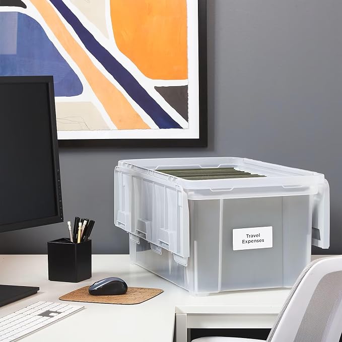 STAPLES Wing Lid File Totes, Letter Size, Clear, 2/Pack | Stackable storage totes for transporting and organizing hanging files.