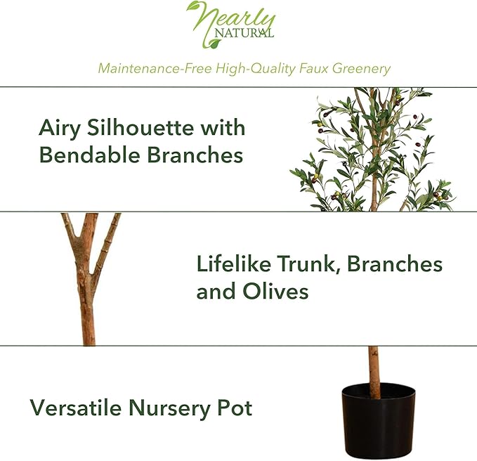 Nearly Natural 3 ft Artificial Olive Tree with Natural Trunk for Decor | Lifelike Fruits and Branches, Maintenance-Free, Nursery Planter Included, Mediterranean Style for Home and Office Decor