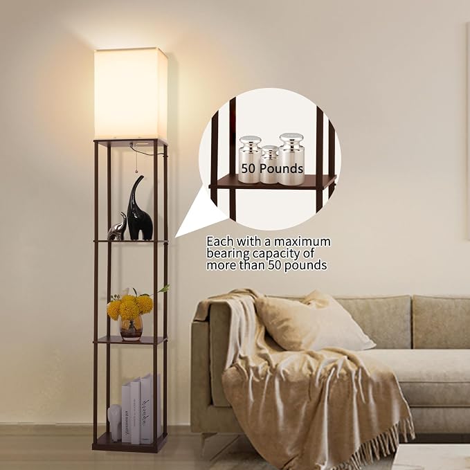 Gupuzm Floor Lamp with Shelves, Modern Square Standing Lamp with 3 Color Temperature Bulb, Corner Display Bookshelf Lamp for Living Room, Bedroom and Office (Brown-9)