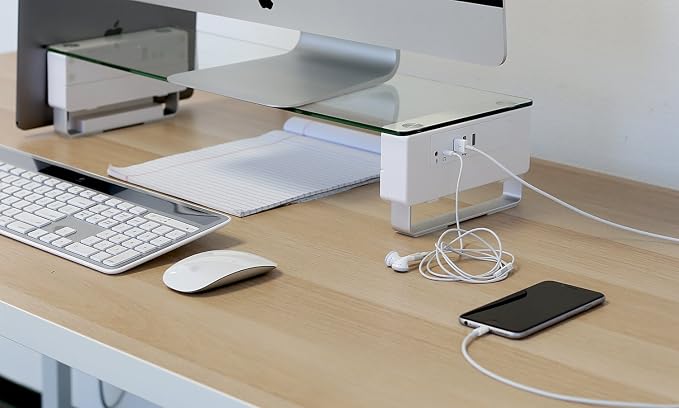 Mount-It! Glass Monitor Stand with 3 USB Ports, 66 lbs | Desktop riser fits 24, 27, 30 & 32 inch screens, adds convenient USB pass-through ports at desk level.