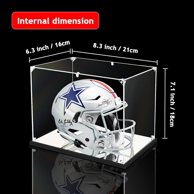 KOLIPI Mini Football Helmet Display Case, Acrylic Box 8.3x6.3x7.1 in | NFL Helmet Display Case for Mini Helmets, Mirror Base, Dustproof Protection, Stable and Stackable, Assembly Required